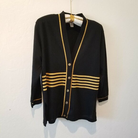 Vintage E.B. Petite Medium Button-Front Cardigan Sweater Black with Gold Stripe - Picture 1 of 8